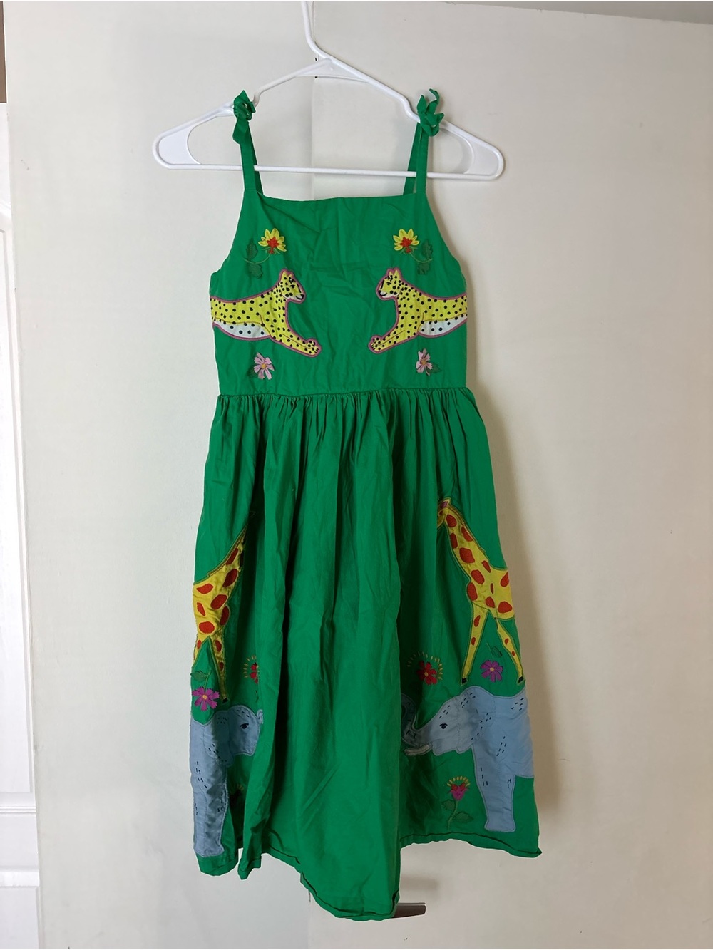Mini Boden Green Sundress with Yellow Zoo Animal Appliqués size 11-12 kids
